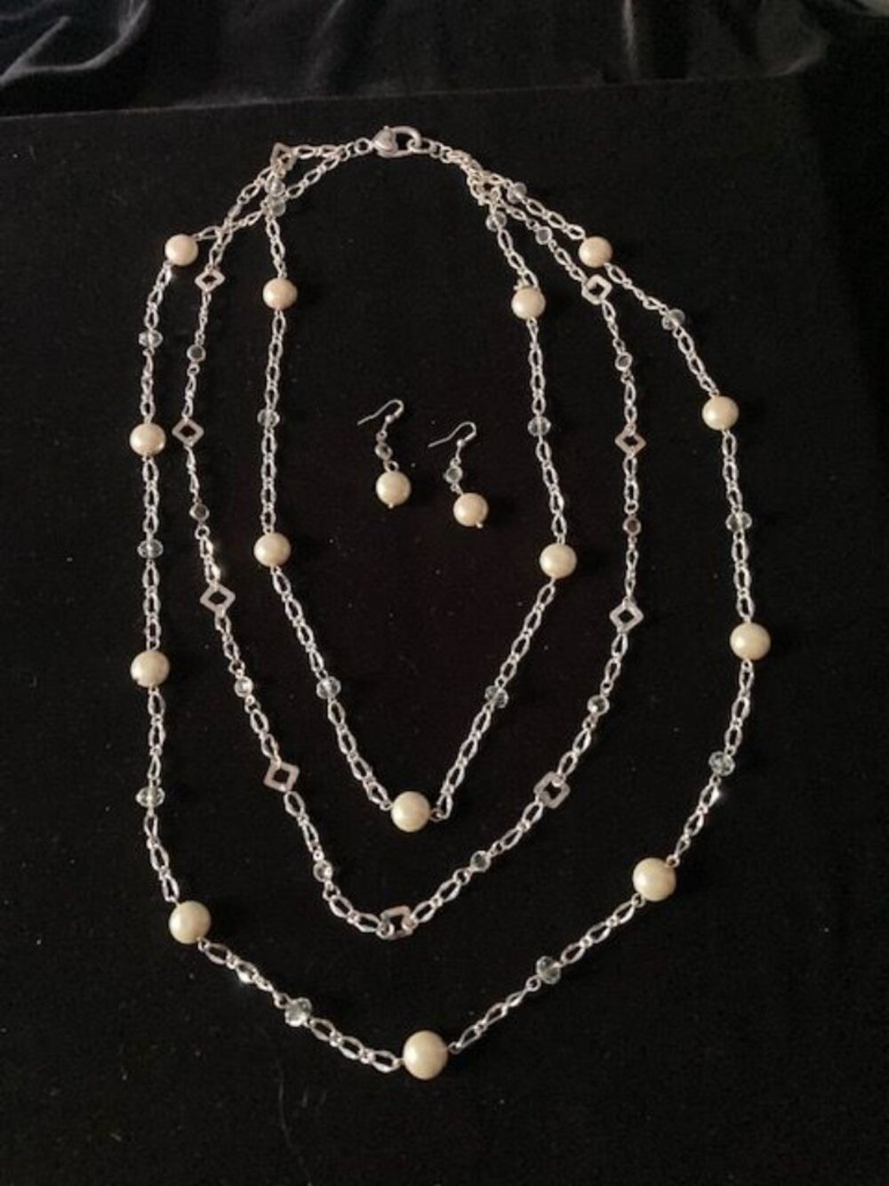 Triple Stranded Cream and Clear Crystal Beads Necklace and Earring Set